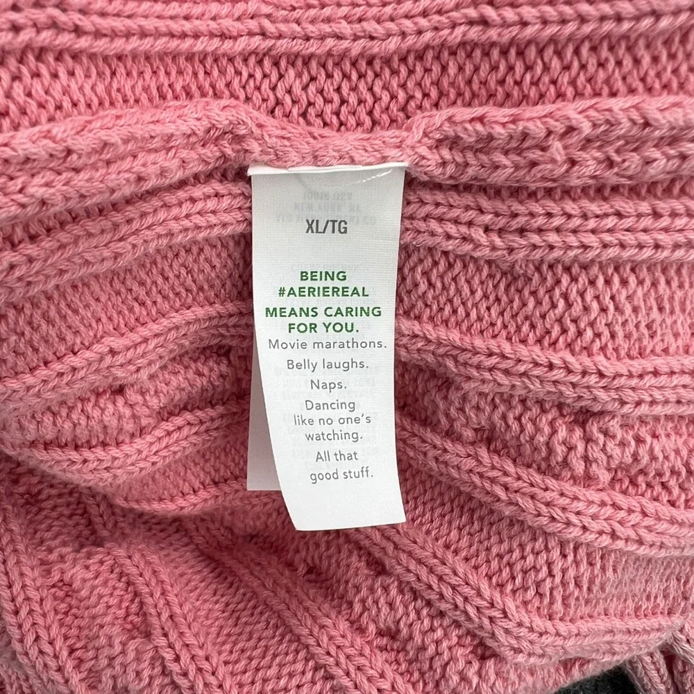 Aerie Cable Knit Sweater‎ Women XL Pink Cropped Distressed Preppy Fisherman